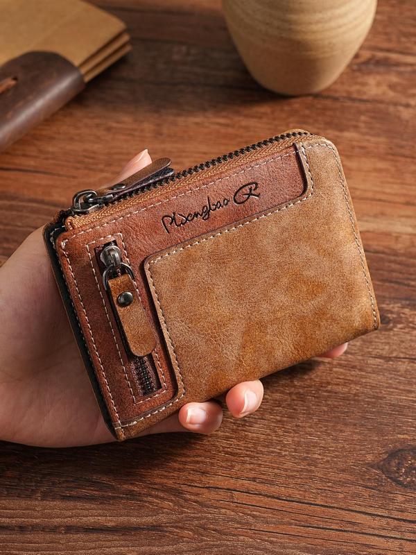 Men's Business Fashion Zipper Wallet, PU Leather Multi Card Slot Card Holder, Casual Trendy Versatile Vintage Daily Wallet As Gift