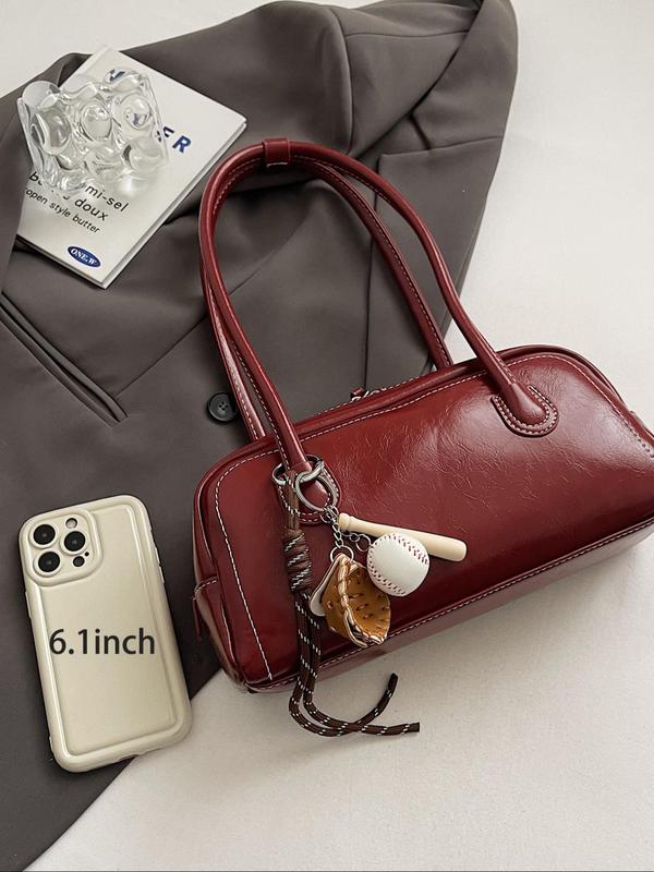 Women's Solid Color PU Leather Shoulder Bag, with Baseball Bag Charm, Fashionable Shoulder Clutch Bag for Daily Used, Casual Trendy Versatile High-quality Daily Commuting Bag