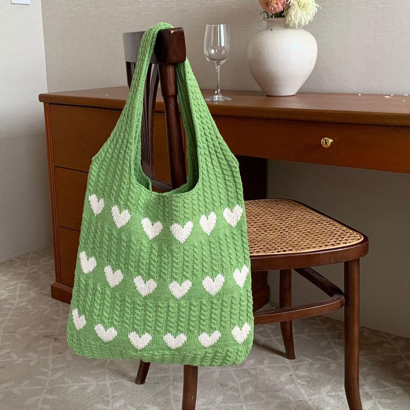 Heart Pattern Crochet Minimalist Tote Bag, Casual Large Capacity Shoulder Bag for Women, Female Trendy School Bag for Daily Wear, Office, College, Work, Commute,  Gift for her