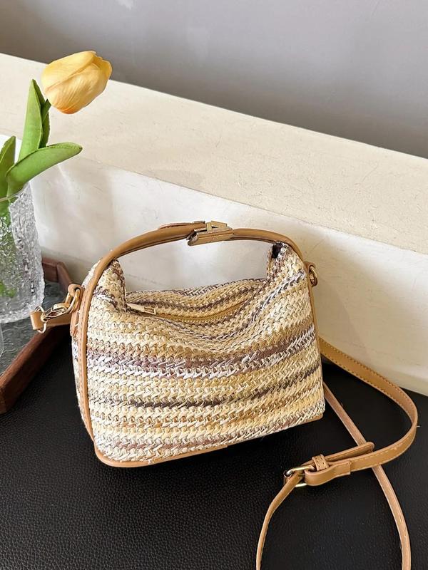 Women's Summer Plain Straw Crossbody Bag, Casual Versatile Patched Design Handbag for Daily & Back To School, Fall Outfits, Fall Freshness for Fall 2024