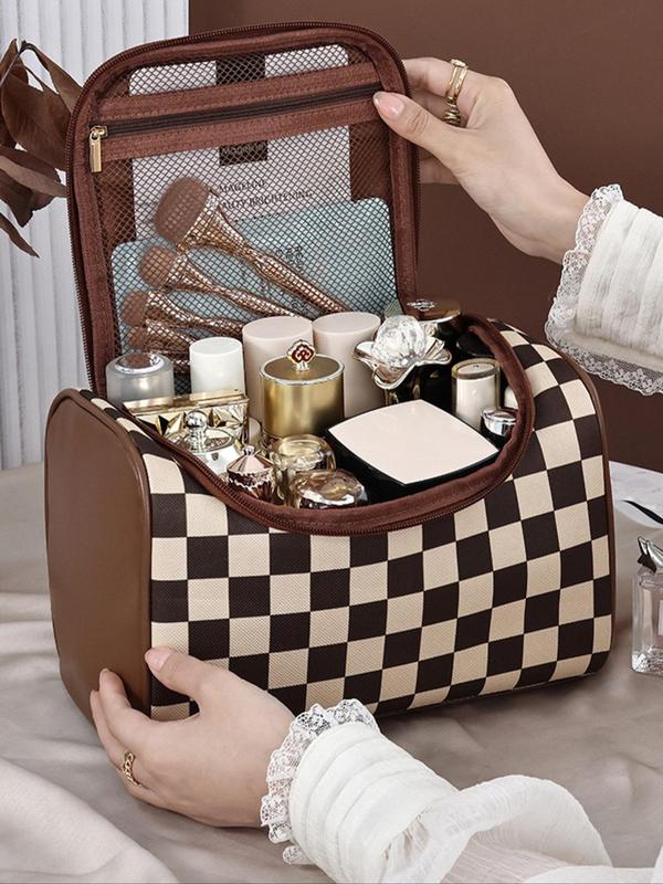 Vintage Checkerboard Pattern Makeup Bag, Large Capacity Cosmetic Bag, Zipper Makeup Organizer Pouch for Skincare, Makeup Products