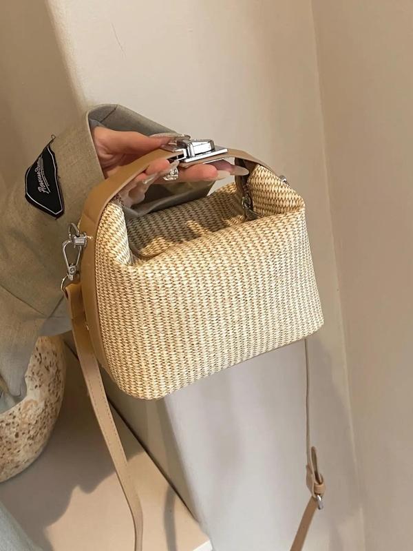 Women's Summer Plain Straw Crossbody Bag, Casual Versatile Patched Design Handbag for Daily & Back To School, Fall Outfits, Fall Freshness for Fall 2024