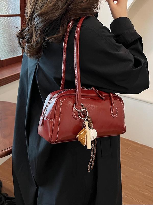 Women's Solid Color PU Leather Shoulder Bag, with Baseball Bag Charm, Fashionable Shoulder Clutch Bag for Daily Used, Casual Trendy Versatile High-quality Daily Commuting Bag