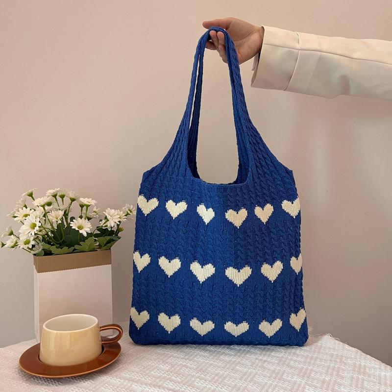 Heart Pattern Crochet Minimalist Tote Bag, Casual Large Capacity Shoulder Bag for Women, Female Trendy School Bag for Daily Wear, Office, College, Work, Commute,  Gift for her