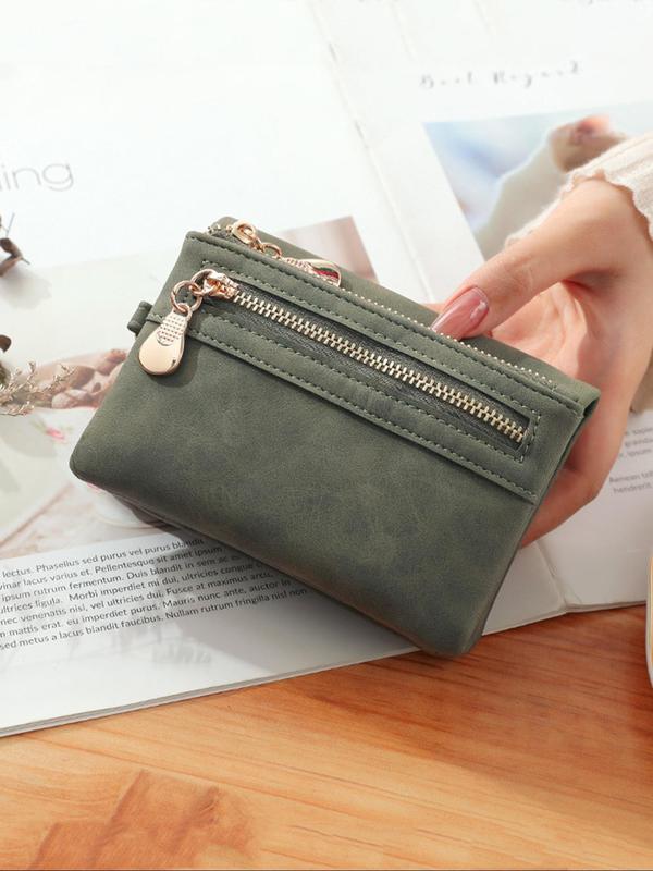 Women's Solid Color Zipper Short Wallet, Fashionable PU Leather Card Holder with Wrist Strap, Casual Portable Wallet for Daily Used