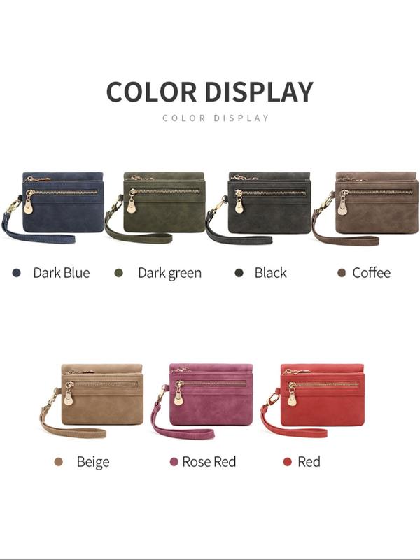 Women's Solid Color Zipper Short Wallet, Fashionable PU Leather Card Holder with Wrist Strap, Casual Portable Wallet for Daily Used