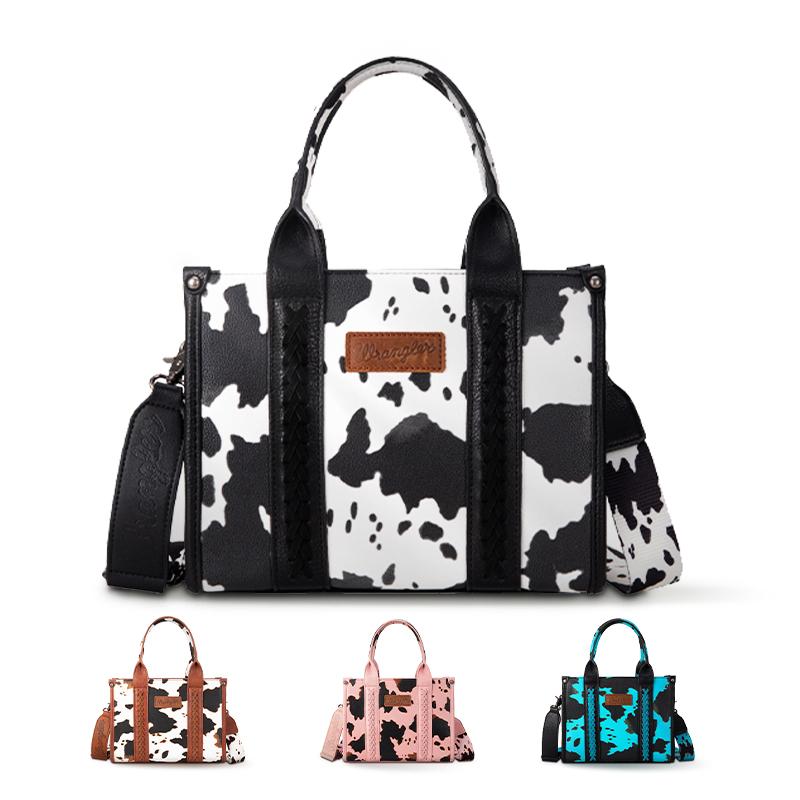 [Wrangler] Concealed Carry Moo Moo Cow Print Tote Handbag - Large Capacity Tote with Zipper for Phones, Cosmetics, Keys, Purses