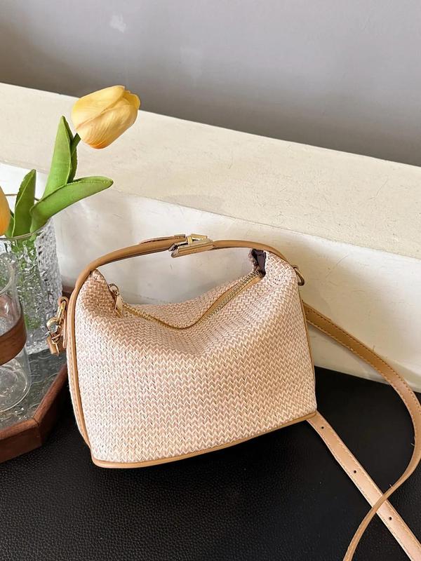 Women's Summer Plain Straw Crossbody Bag, Casual Versatile Patched Design Handbag for Daily & Back To School, Fall Outfits, Fall Freshness for Fall 2024