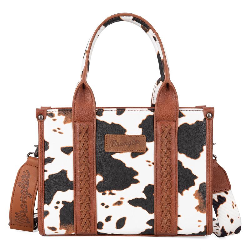 [Wrangler] Concealed Carry Moo Moo Cow Print Tote Handbag - Large Capacity Tote with Zipper for Phones, Cosmetics, Keys, Purses