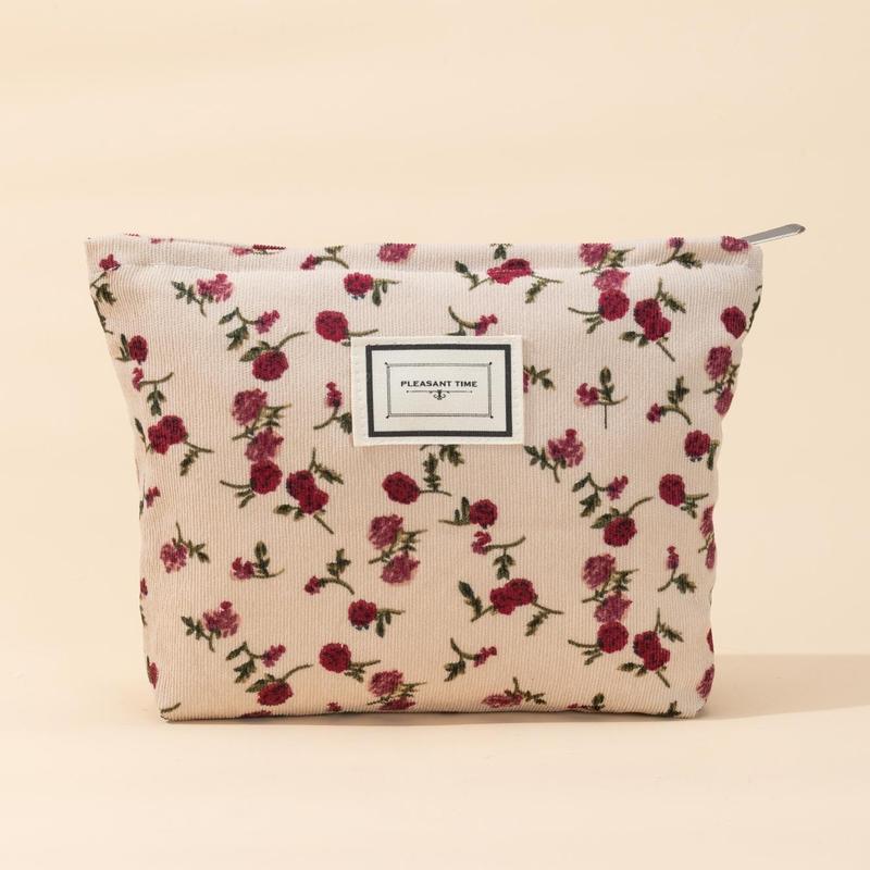 Floral Zipper Makeup Bag, 1 Count Portable Cosmetics Storage Bag, Zipper Makeup Organizer Pouch, Versatile Storage Bag, Great for Skincare, Lotion, Cream, Lip Balm, Eyeliners, Mirror, Stationery