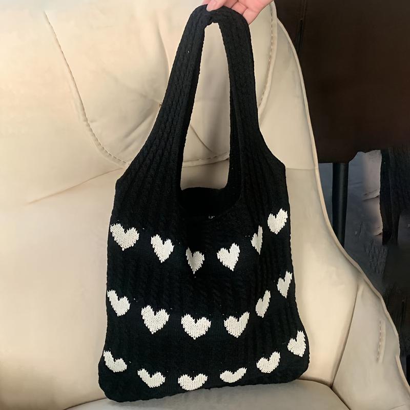 Love Heart Pattern Tote Bag, Aesthetic Knitted Shoulder Bag, Fashion Crochet Bag For Women, Valentine's Day Gift