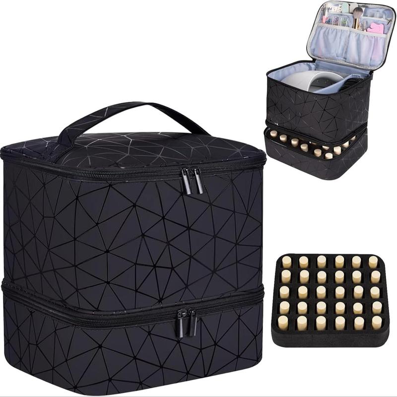 Portable Nail Art Kit Storage Bag, 1 Count Double Layer Organizer Bag for Nail Lamp & Nail Gel Polish, 30 Grid Makeup Storage Bag for Women & Girls