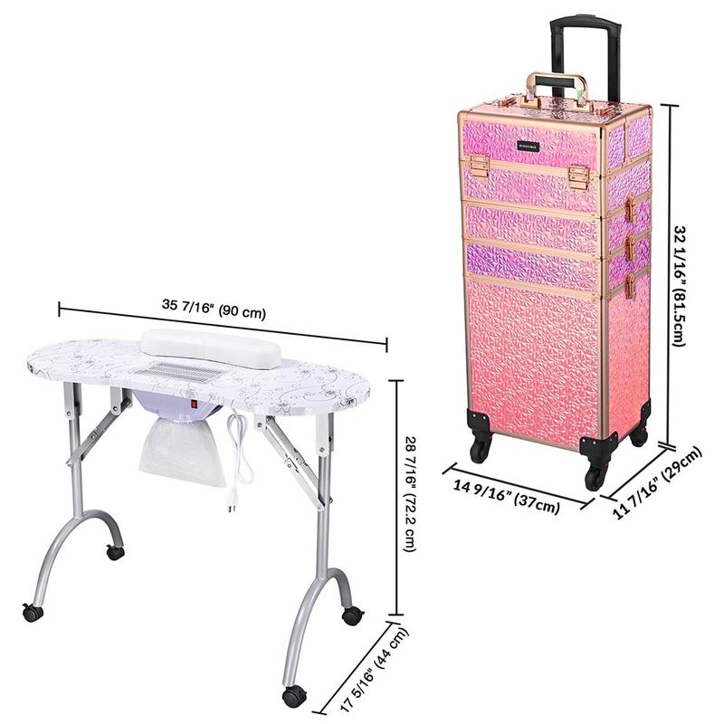 Byootique Portable Manicure Table+4in1 Rolling Makeup Case (Dust Collector included) White