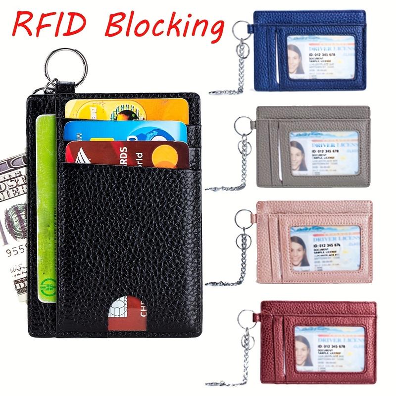 Mini ladies' genuine leather RFID blocking ultra-thin card holder wallet with keychain-sleepk minimalist design