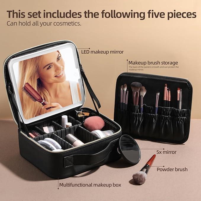 Makeup LED Case Makeup Brush Holder With LED Mirror Makeup Tool Organizer Bag Makeup Brush Bag with Shoulder