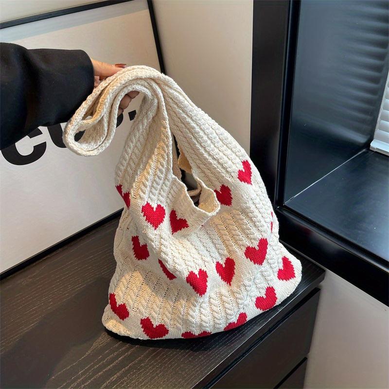 Love Heart Pattern Tote Bag, Aesthetic Knitted Shoulder Bag, Fashion Crochet Bag For Women, Valentine's Day Gift