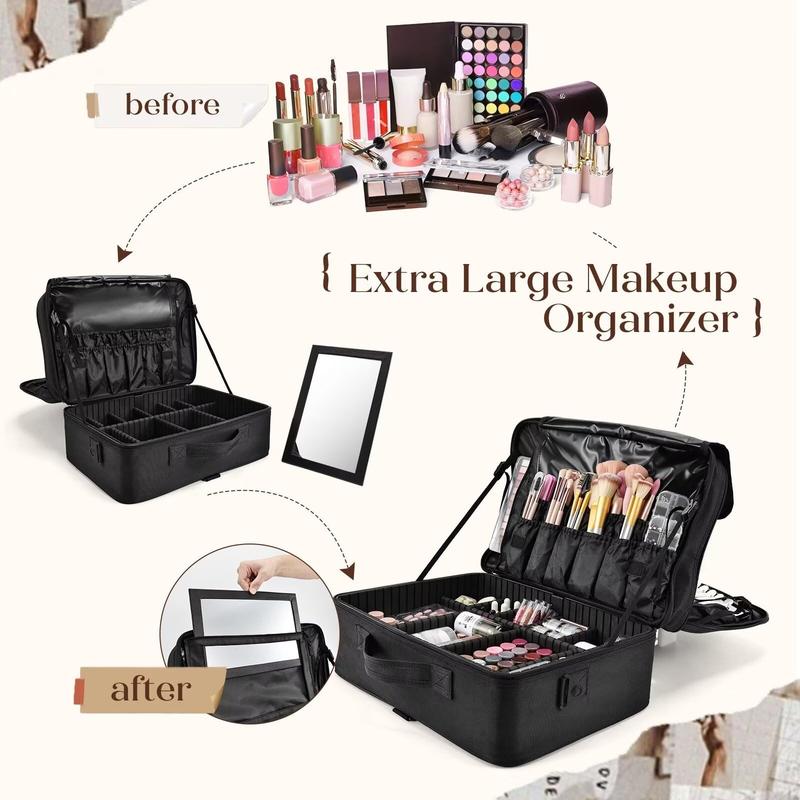 Joligrace Extra Large Makeup Case with Mirror 3 Layers Makeup Train Case Professional Makeup Organizer Box for MUA Travel Nail Cases Bag with Adjustable Dividers Shoulder Strap Trolley Sleeve