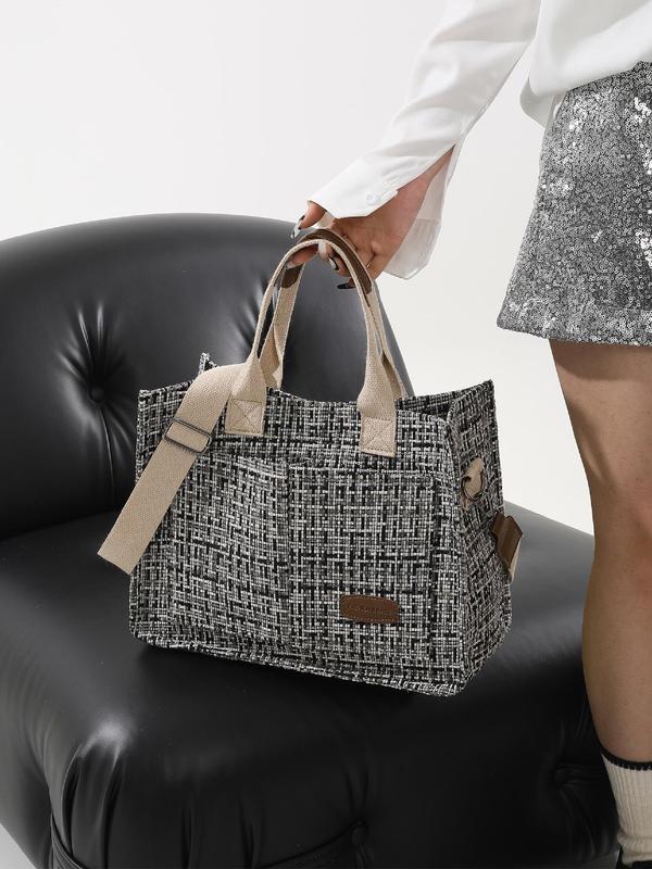 Letter Patch Plaid Pattern Tote Bag,  Large Capacity Shoulder Bag for Women & Girls, Casual Trendy Versatile High-quality Daily Commuting Bag, Girl Fashionable Shopping Bag