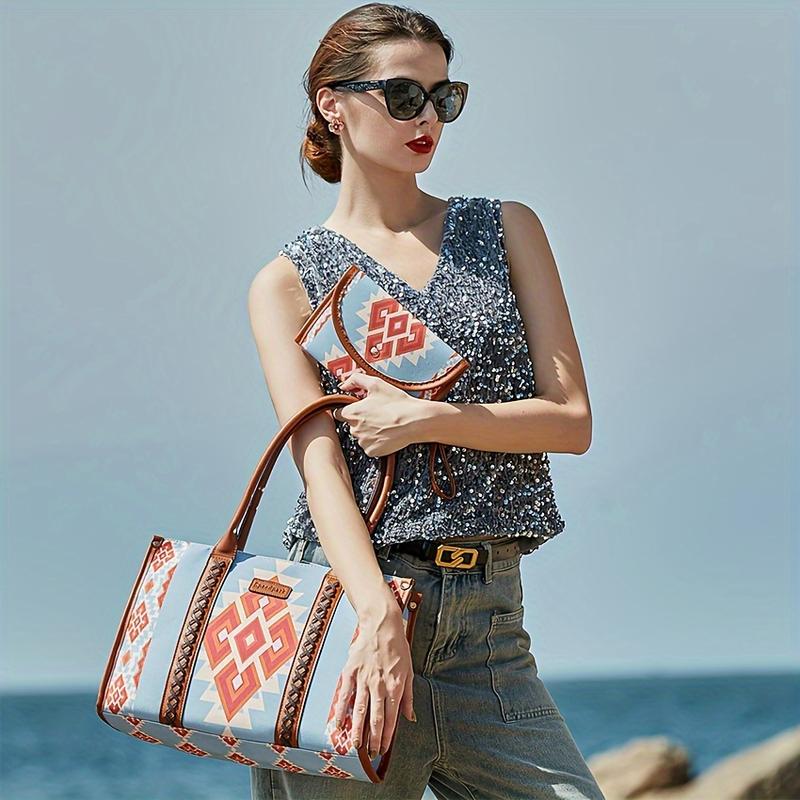 Women's Retro Handbag Western Shoulder Bag Boho Style Set Tote Bag