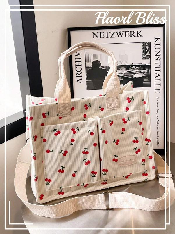 New Ditsy Floral Polka Dot Print Fashionable Ladies Tote Bag For Vacation, With Computer Briefcase, Commuter Bag, Cross-Body Bag, Simple Shopping Bag, Large Capacity, Multiple Pocket And Sweet Design For Daily Use, Bookbag, Tote Bag