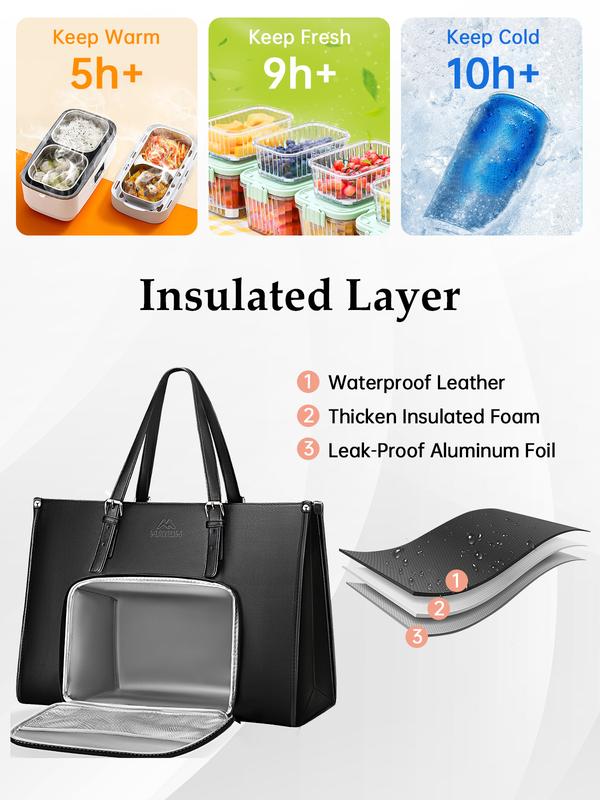 Lightweight PU Leather College Laptop Tote Bag with Leakproof Insulated Lunch Compartment,Convertible Large-capacity Women Commute Work Handbag