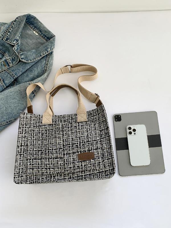 Letter Patch Plaid Pattern Tote Bag,  Large Capacity Shoulder Bag for Women & Girls, Casual Trendy Versatile High-quality Daily Commuting Bag, Girl Fashionable Shopping Bag