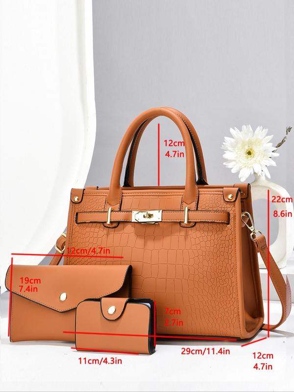 Women's Fashionable Crocodile Embossed Tote Bag & Wallet & Clutch Bag, Large Capacity PU Tote Bag with Shoulder Strap, Casual Trendy Versatile High-quality Daily Commuting Bag Set