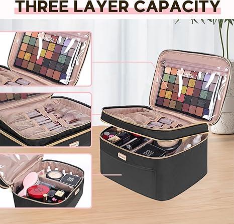 Travel Make-up Double-layer travel cosmetics bag, large cosmetics case with handle, travel accessories bottle, makeup brush and skin care product storage bag, black, travel accessories-cosmetics bag, large capacity, multi-compartment