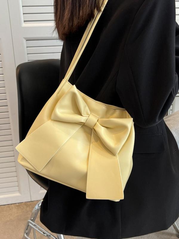 Women's Elegant Bow Decorated Tote Bag, Fashionable Solid Color Bucket Bag for Daily Used, Casual Trendy Versatile High-quality Daily Commuting Bag