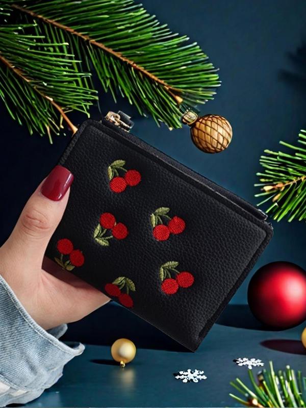 Women's Cherry Embroidery Short Wallet, Casual PU Leather Zipper Wallet, Multi-card Slot Card Holder, Simple All-match Purse for Daily Life