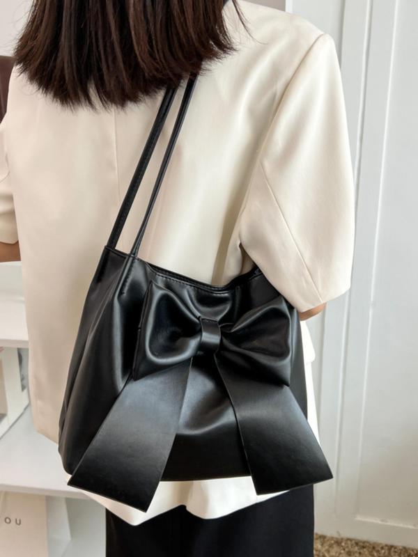 Women's Elegant Bow Decorated Tote Bag, Fashionable Solid Color Bucket Bag for Daily Used, Casual Trendy Versatile High-quality Daily Commuting Bag