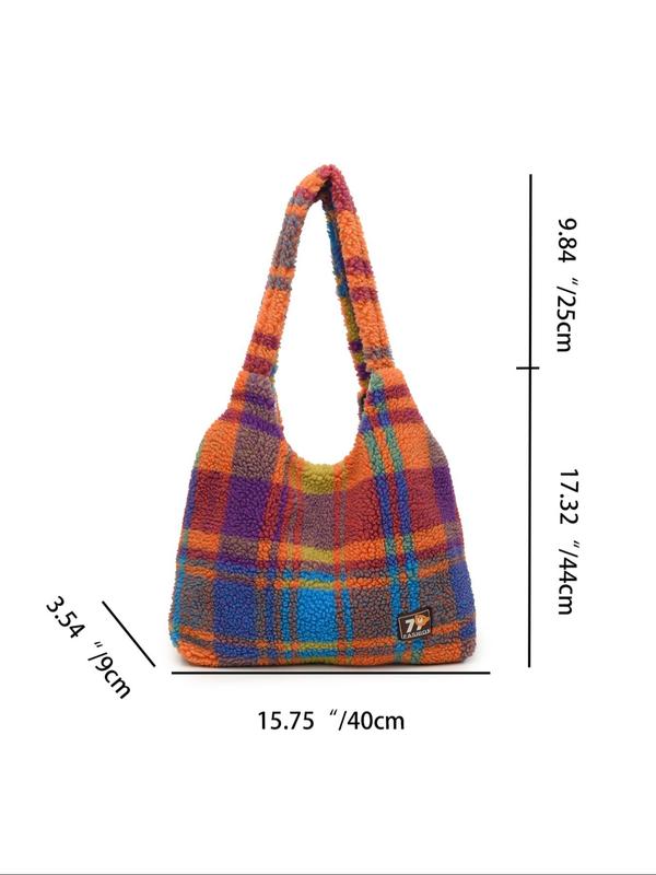 Women's Colorblock Plaid Pattern Plush Tote Bag, Casual Large Capacity Shoulder Bag for Daily Used, Trendy All-match Bag for Commuters and Students