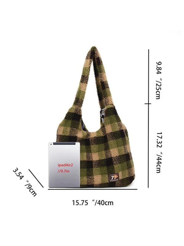 Women's Colorblock Plaid Pattern Plush Tote Bag, Casual Large Capacity Shoulder Bag for Daily Used, Trendy All-match Bag for Commuters and Students