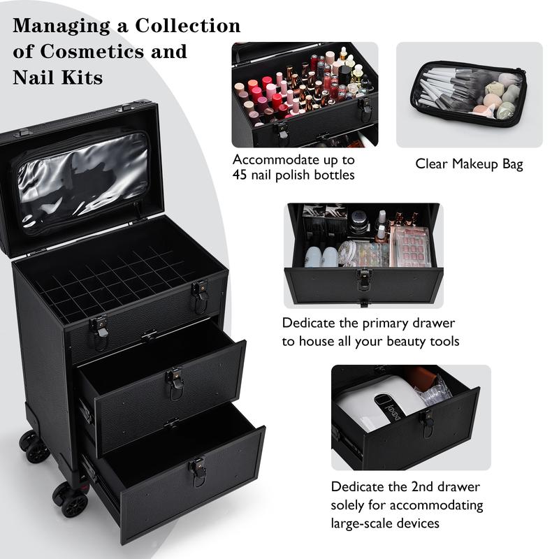 Rolling Makeup Case with Wheels Pouch 2 Extra Large Drawers Portable Makeup Organizer Professional Cosmetic Nail Trolley Traveling Cosmetology Case