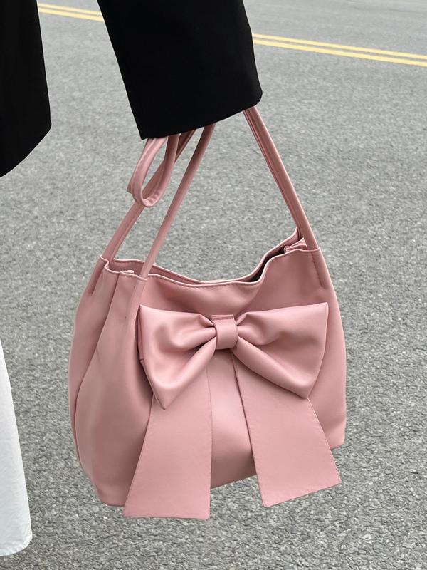 Women's Elegant Bow Decorated Tote Bag, Fashionable Solid Color Bucket Bag for Daily Used, Casual Trendy Versatile High-quality Daily Commuting Bag