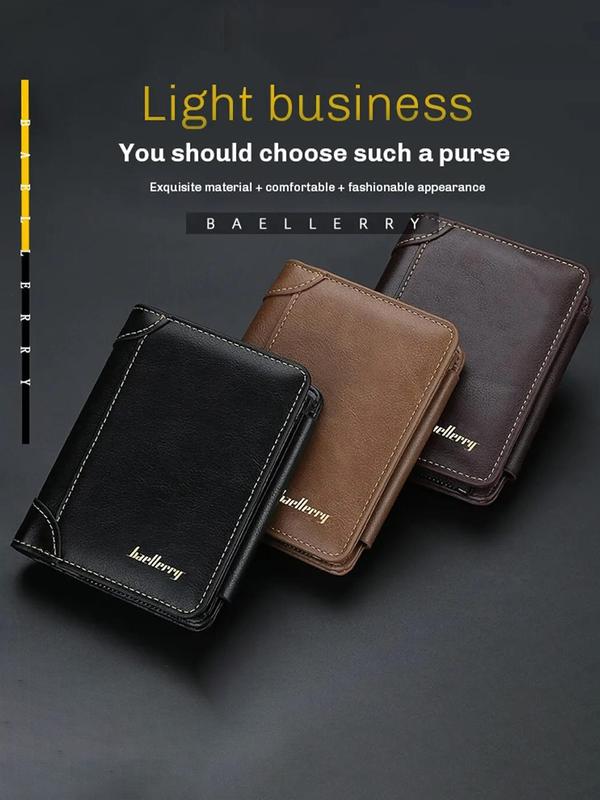 Men's Business Fashion Letter Decor Short Trifold Wallet, Casual Plain Zipper Card Holder, Vintage Coin Purse, Multi-functional Wallet for Men