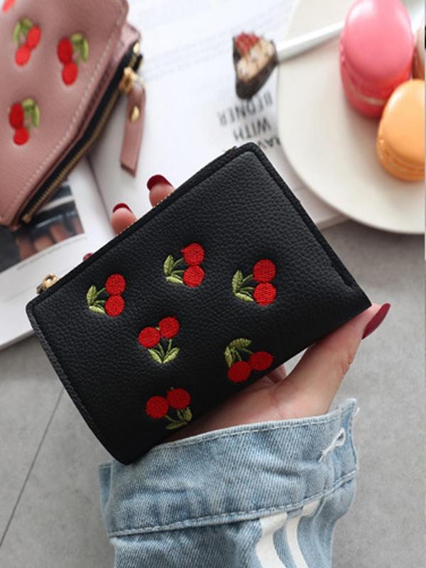 Women's Cherry Embroidery Short Wallet, Casual PU Leather Zipper Wallet, Multi-card Slot Card Holder, Simple All-match Purse for Daily Life