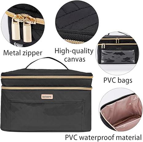 Travel Make-up Double-layer travel cosmetics bag, large cosmetics case with handle, travel accessories bottle, makeup brush and skin care product storage bag, black, travel accessories-cosmetics bag, large capacity, multi-compartment