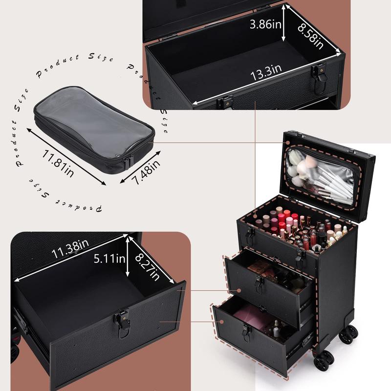 Rolling Makeup Case with Wheels Pouch 2 Extra Large Drawers Portable Makeup Organizer Professional Cosmetic Nail Trolley Traveling Cosmetology Case