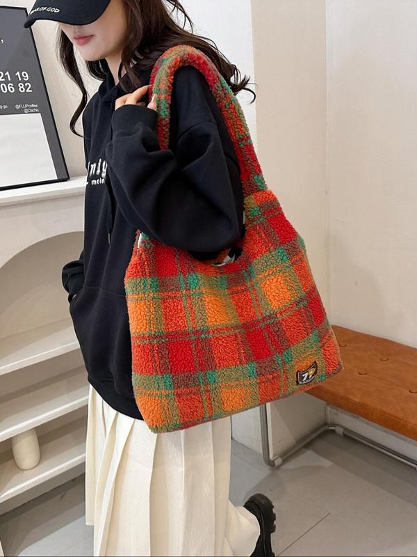 Women's Colorblock Plaid Pattern Plush Tote Bag, Casual Large Capacity Shoulder Bag for Daily Used, Trendy All-match Bag for Commuters and Students