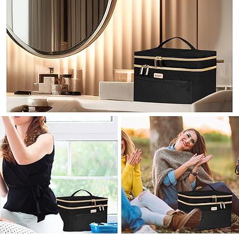 Travel Make-up Double-layer travel cosmetics bag, large cosmetics case with handle, travel accessories bottle, makeup brush and skin care product storage bag, black, travel accessories-cosmetics bag, large capacity, multi-compartment