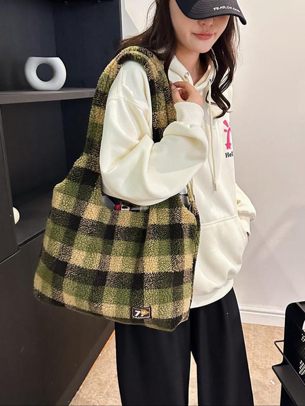 Women's Colorblock Plaid Pattern Plush Tote Bag, Casual Large Capacity Shoulder Bag for Daily Used, Trendy All-match Bag for Commuters and Students