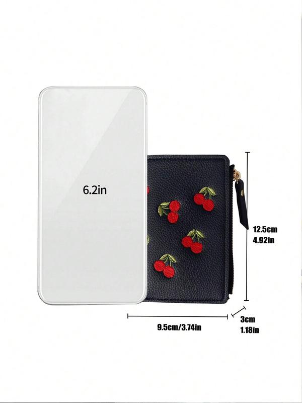 Women's Cherry Embroidery Short Wallet, Casual PU Leather Zipper Wallet, Multi-card Slot Card Holder, Simple All-match Purse for Daily Life