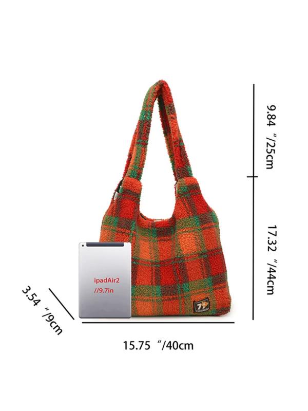 Women's Colorblock Plaid Pattern Plush Tote Bag, Casual Large Capacity Shoulder Bag for Daily Used, Trendy All-match Bag for Commuters and Students