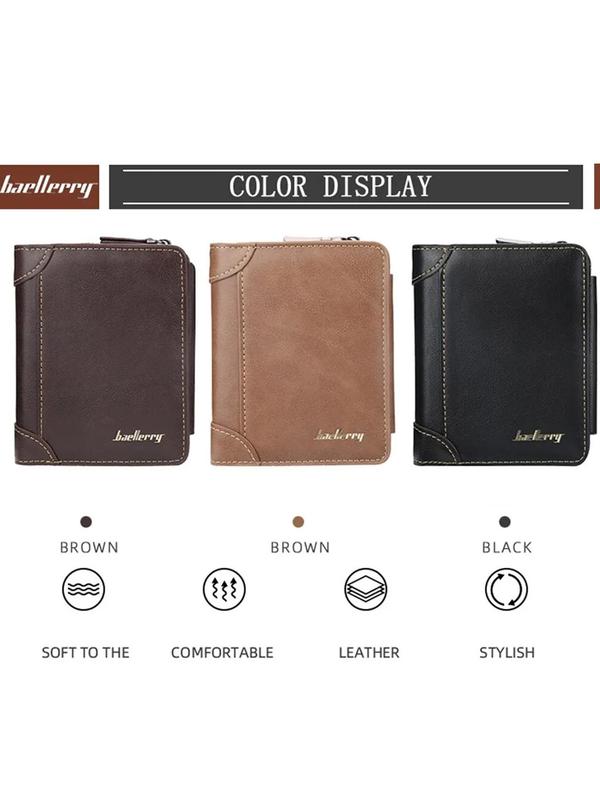 Men's Business Fashion Letter Decor Short Trifold Wallet, Casual Plain Zipper Card Holder, Vintage Coin Purse, Multi-functional Wallet for Men