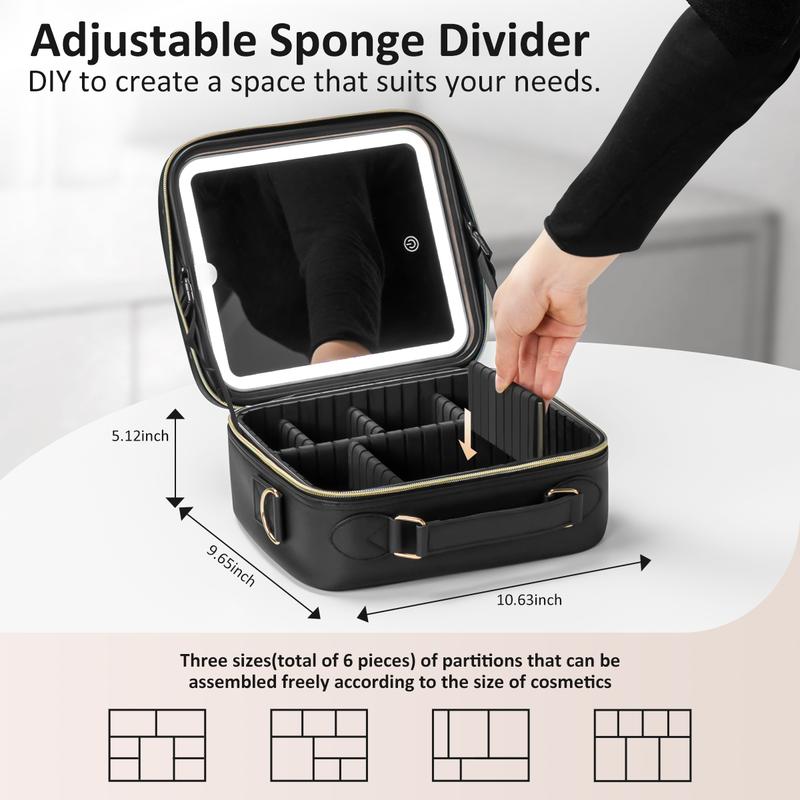 Makeup Bag with 3 Color Led Mirror, PU Leather Travel Cosmetic Bag Makeup Organizer Bag, Portable Makeup Case Adjustable Dividers Storage Box, Gift