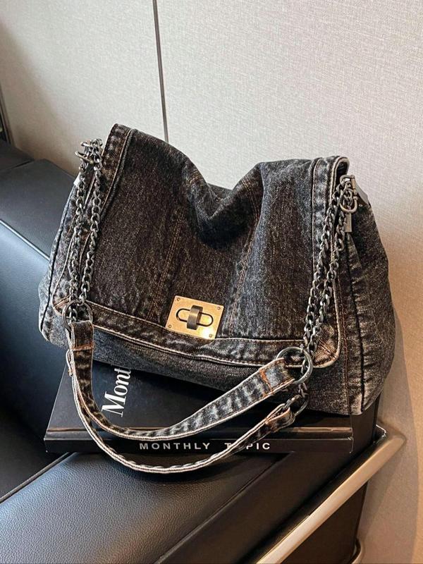 Women's Denim Shoulder Bag, Fashionable Large Capacity Travel Bag, Casual Underarm Chain Strap Decor Crossbody Bag for Daily Outings & Shopping