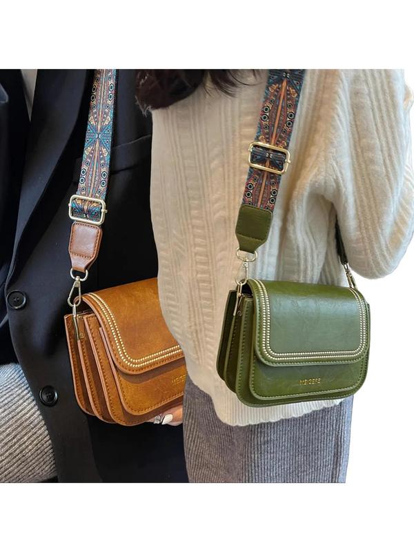 Women's Fashionable Ethnic Pattern Strap Letter Decorated Crossbody Bag, Vintage PU Leather Flap Small Square Work Bag for Women, Daily Commuting Bag