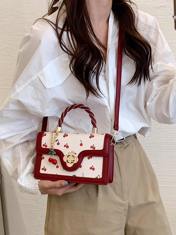 Fashionable Random Cherry Pattern Handbag with Cute Charm, Elegant Pu Leather Crossbody Bag for Women, Casual Trendy Versatile High-quality Daily Commuting Bag