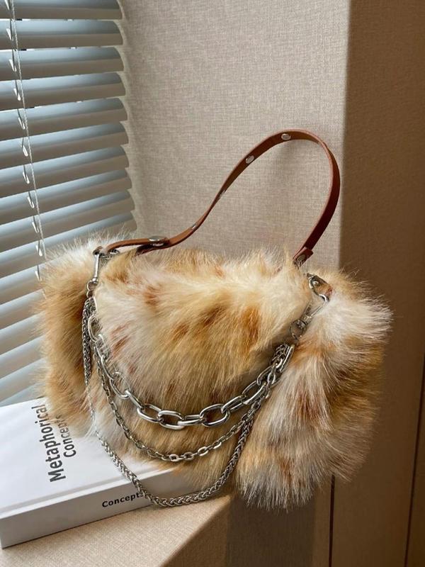 Women's Fashionable Fluffy Handbag, Casual Versatile Chain Strap Shoulder Bag for Daily Used, Trendy All-match Commuter Bag